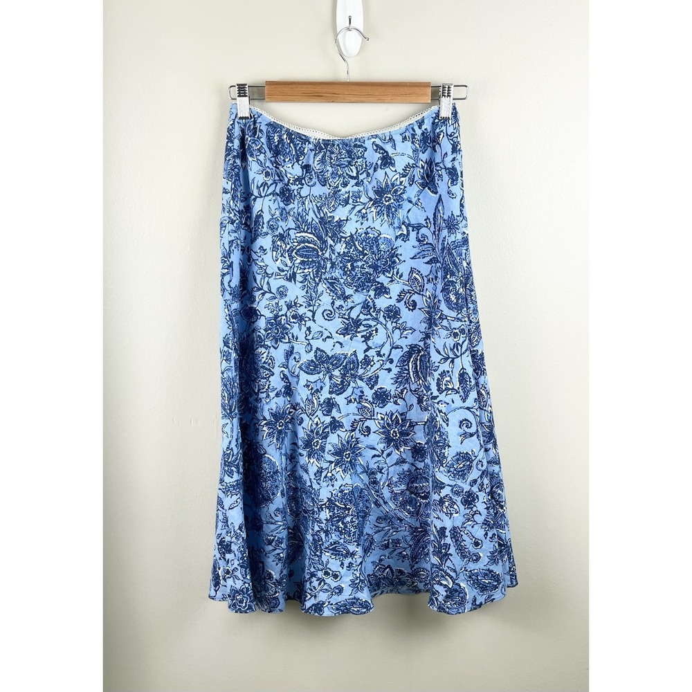 JM Collection Womens Linen Blue Floral Bias Cut Elastic Waist Midi Skirt Sz 4p